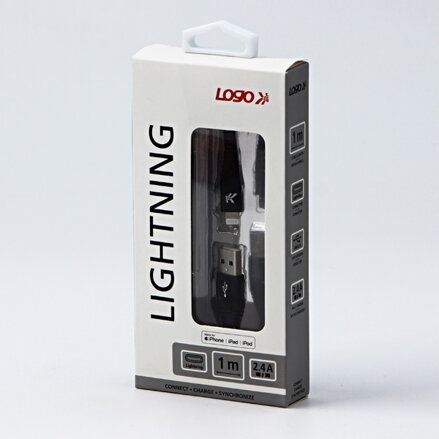Kabel USB (2.0), USB A M- Apple Lightning C89 M, 1m, MFi certifikace, 5V/2,4A, černý, Logo, box, nylonové opletení, hliníkový kryt