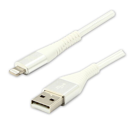 Kabel USB (2.0), USB A M- Apple Lightning C89 M, 1m, MFi certifikace, 5V/2,4A, bílý, Logo, box, nylonové opletení, hliníkový kryt