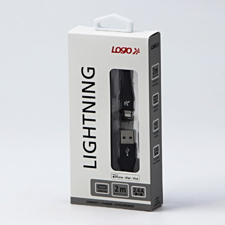 Kabel USB (2.0), USB A M- Apple Lightning C89 M, 2m, MFi certifikace, 5V/2,4A, černý, Logo, box, nylonové opletení, hliníkový kryt