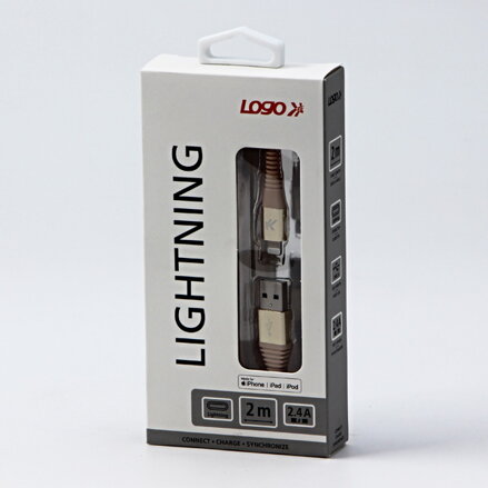 Kabel USB (2.0), USB A M- Apple Lightning C89 M, 2m, MFi certifikace, 5V/2,4A, zlatý, Logo, box, nylonové opletení, hliníkový kryt