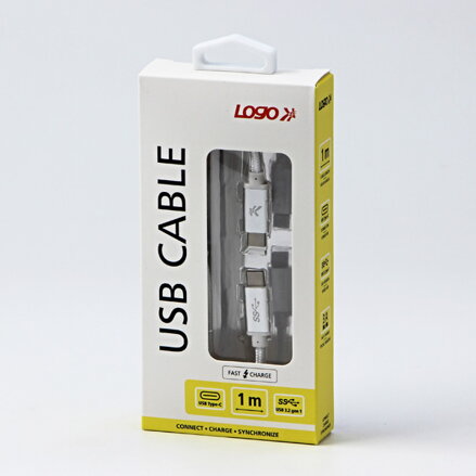 Kabel USB (3.2 gen 1), USB C M- USB C M, 1m, 5 Gb/s, 5V/3A, bílý, Logo, box, nylonové opletení, hliníkový kryt konektoru