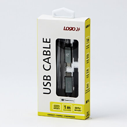 Kabel USB (3.2 gen 2), USB C M- USB C M, 1m, Power Delivery 100W, 10 Gb/s, 20V/5A, stříbrný, Logo, box, nylonové opletení, hliníko