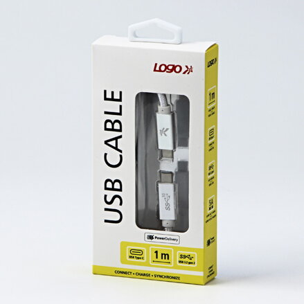 Kabel USB (3.2 gen 2), USB C M- USB C M, 1m, Power Delivery 100W, 10 Gb/s, 20V/5A, bílý, Logo, box, nylonové opletení, hliníkový k