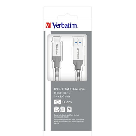 Kabel USB (3.1), USB A M- USB C M, 0.3m, stříbrný, Verbatim, box, 48868
