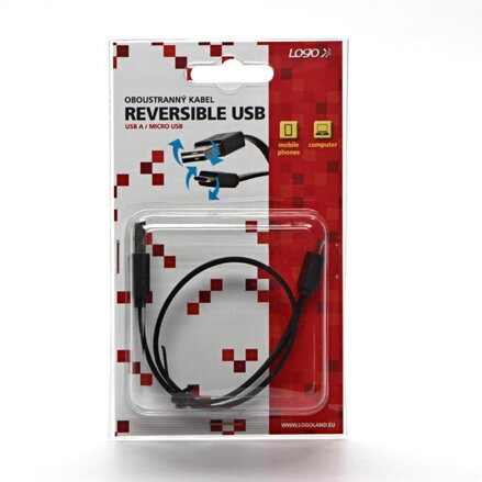 Kabel USB (2.0), USB A M reversible- USB micro M reversible, 0.3m, plochý, černý, oboustranný