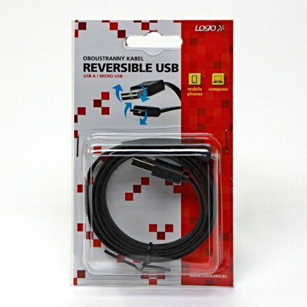 Kabel USB (2.0), USB A M reversible- USB micro M reversible, 1m, reversible, černý, Logo, blistr