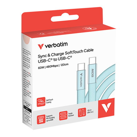 Verbatim USB-C kabel SoftTouch USB C samec - USB C samec, 60W, 1.2m, Modrý, box, 30273