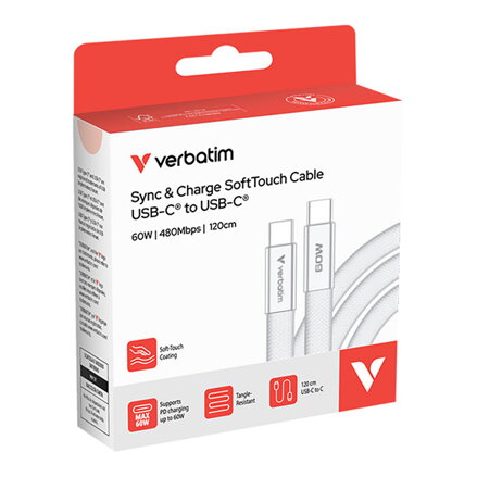 Verbatim USB-C kabel SoftTouch USB C samec - USB C samec, 60W, 1.2m, Bílá, box, 30274