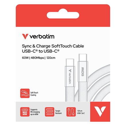 Verbatim USB-C kabel SoftTouch USB C samec - USB C samec, 60W, 1.2m, Bílá, box, 30274