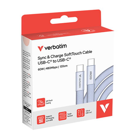 Verbatim USB-C kabel SoftTouch USB C samec - USB C samec, 60W, 1.2m, Fialová, box, 30275