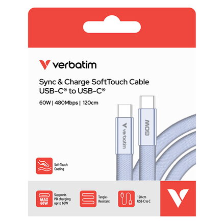 Verbatim USB-C kabel SoftTouch USB C samec - USB C samec, 60W, 1.2m, Fialová, box, 30275