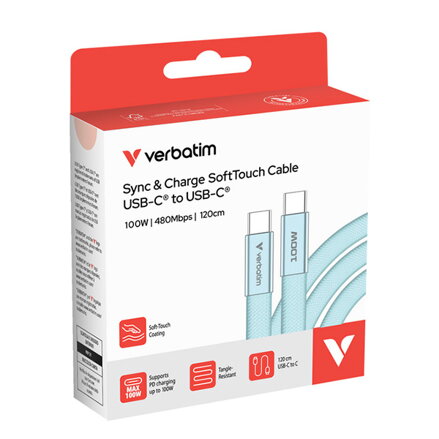 Verbatim USB-C kabel SoftTouch USB C samec - USB C samec, 100W, 1.2m, modrý, box, 30276