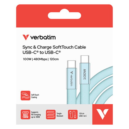 Verbatim USB-C kabel SoftTouch USB C samec - USB C samec, 100W, 1.2m, modrý, box, 30276