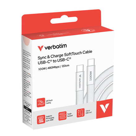 Verbatim USB-C kabel SoftTouch USB C samec - USB C samec, 100W, 1.2m, Bílá, box, 30277