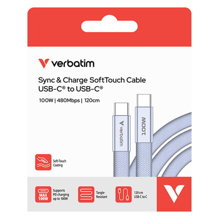 Verbatim USB-C kabel SoftTouch USB C samec - USB C samec, 100W, 1.2m, Fialová, box, 30278