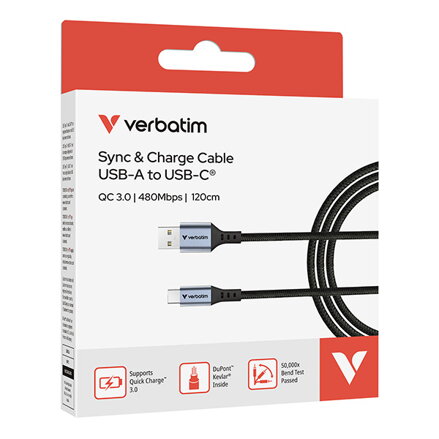 Verbatim USB kabel USB A samec - USB C samec, 18W, 1.2m, černý, box, 31843