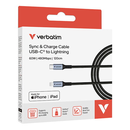 Verbatim USB kabel USB C samec - USB lightning samec, 60W, 1.2m, černý, box, 31844