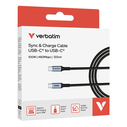 Verbatim USB kabel USB C samec - USB C samec, 100W, 1.2m, černý, box, 31846
