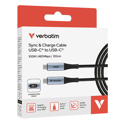 Verbatim USB kabel USB C samec - USB C samec, 100W, 1.2m, černý, box, 31848
