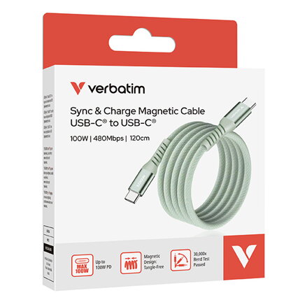Verbatim USB kabel USB C samec - USB C samec, 100W, 1.2m, magnetický, zelený, box, 31855