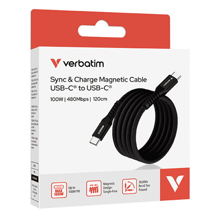 Verbatim USB kabel USB C samec - USB C samec, 100W, 1.2m, magnetický, černý, box, 31863
