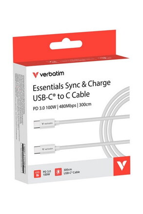 Verbatim USB kabel USB C samec - USB C samec, 100W, 3m, bílá, box, 32409
