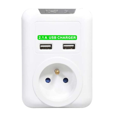 Bezkabelová přepěťová ochrana, 1 zásuvka, bílá, Logo, 2x USB