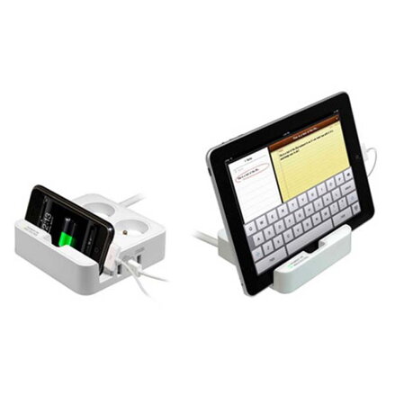 Přepěťová ochrana, 2 zásuvky, bílá, Logo, 3x USB, se stojánkem na tablet,mobil
