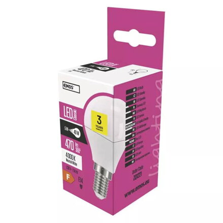 LED žárovka EMOS Lighting E14, 230V, 5W, 470lm, 4000k, neutrální bílá, 30000h, Mini Globe 45x78mm
