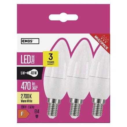LED žárovka EMOS Lighting E14, 220-240V, 5W, 470lm, 2700k, teplá bílá, 30000h, Classic Candle 102x35x35mm-3pack
