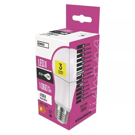 LED žárovka EMOS Lighting E27, 230V, 10.7W, 1060lm, 4000k, neutrální bílá, 30000h, Classic A60 120x60x60mm