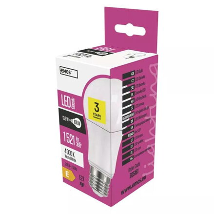 LED žárovka EMOS Lighting E27, 230V, 13.2W, 1521lm, 4000k, neutrální bílá, 30000h, Classic A60 120x60x60mm