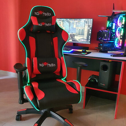 Herní křeslo Red Fighter C8, černé, odnímatelné polštářky, RGB podsvícení
