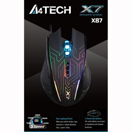 A4tech Myš X87 Oscar Neon, 2400DPI, optická, 8tl., 1 kolečko, drátová USB, černá, herní, Neonové podsvícení