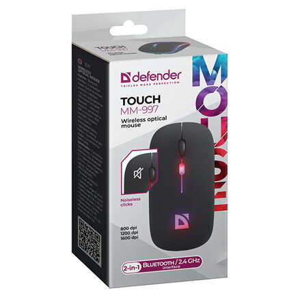 Defender Myš TOUCH MM-997, 1600DPI, Bluetooth a 2,4GHz, optická, 4tl., bezdrátová, černá, vestavěná baterie, nanopřijímač, tichá