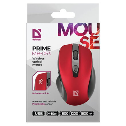 Defender Myš PRIME MB-053, 1600DPI, 2.4 [GHz], optická, 6tl., bezdrátová, červená, 1 ks AA, nanopřijímač, tichá