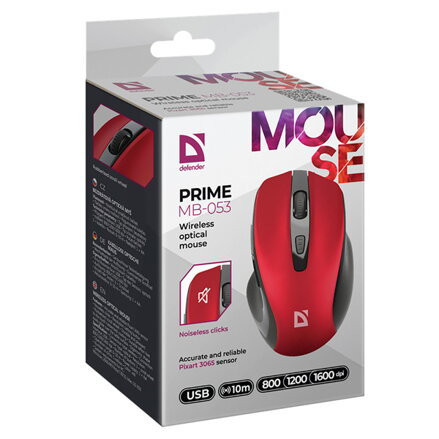 Defender Myš PRIME MB-053, 1600DPI, 2.4 [GHz], optická, 6tl., bezdrátová, červená, 1 ks AA, nanopřijímač, tichá