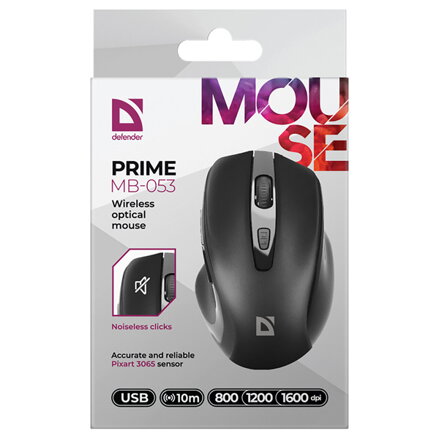Defender Myš PRIME MB-053, 1600DPI, 2.4 [GHz], optická, 6tl., bezdrátová, černá, 1 ks AA, nanopřijímač, tichá