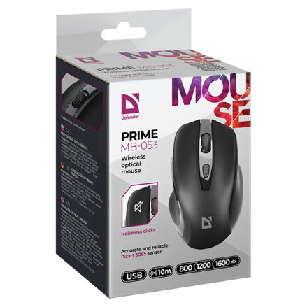 Defender Myš PRIME MB-053, 1600DPI, 2.4 [GHz], optická, 6tl., bezdrátová, černá, 1 ks AA, nanopřijímač, tichá