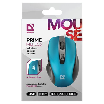 Defender Myš PRIME MB-053, 1600DPI, 2.4 [GHz], optická, 6tl., bezdrátová, tyrkysová, 1 ks AA, nanopřijímač, tichá