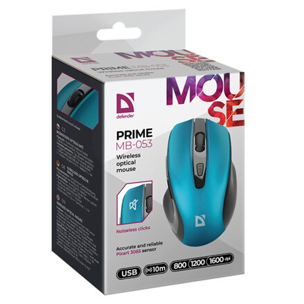 Defender Myš PRIME MB-053, 1600DPI, 2.4 [GHz], optická, 6tl., bezdrátová, tyrkysová, 1 ks AA, nanopřijímač, tichá