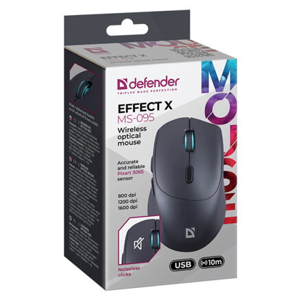 Myš bezdrátová, Defender EFFECT X MS-095, černá, optická, 1600DPI