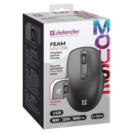 Myš bezdrátová, Defender FEAM MM-296, černá, optická, 1600DPI