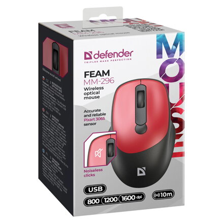 Myš bezdrátová, Defender FEAM MM-296, černo-červená, optická, 1600DPI