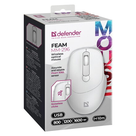 Myš bezdrátová, Defender FEAM MM-296, bílá, optická, 1600DPI