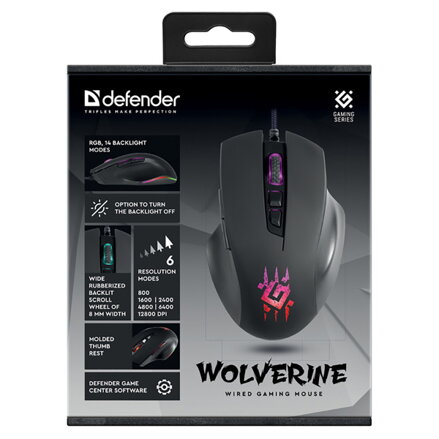 Defender Myš Wolverine GM-700L RGB, 12800DPI, optická, 6tl., drátová USB, černá, herní, podsvícená