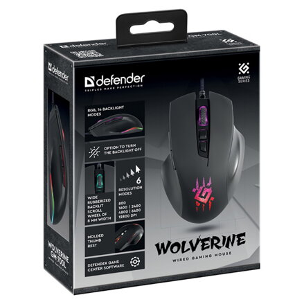 Defender Myš Wolverine GM-700L RGB, 12800DPI, optická, 6tl., drátová USB, černá, herní, podsvícená