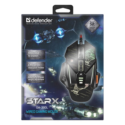 Defender Myš sTarx GM-390L, 3200DPI, optická, 8tl., 1 kolečko, drátová USB, černá, herní, vyměnitelná závaží, podsvícená