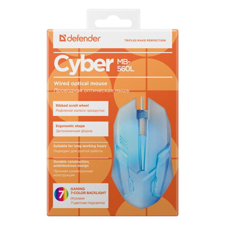 Defender Myš Cyber MB-560L, 1200DPI, optická, 3tl., 1 kolečko, drátová USB, bílá, herní, podsvícená