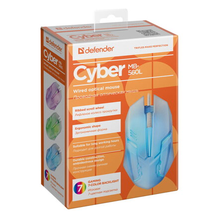 Defender Myš Cyber MB-560L, 1200DPI, optická, 3tl., 1 kolečko, drátová USB, bílá, herní, podsvícená